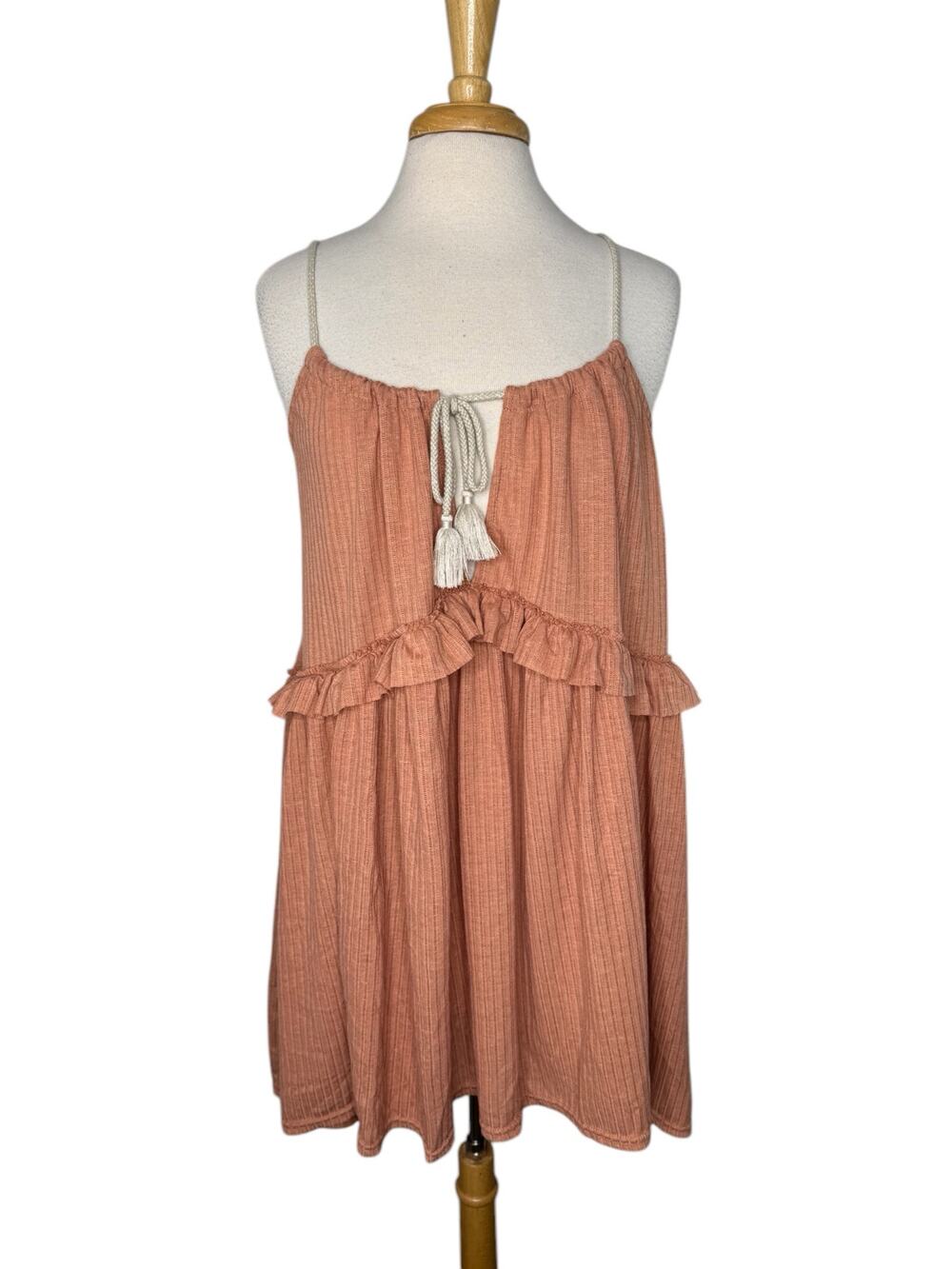 FREE PEOPLE BEACH Peach Boho Ruffle Linen Rosaline Babydoll Dress Size Medium￼